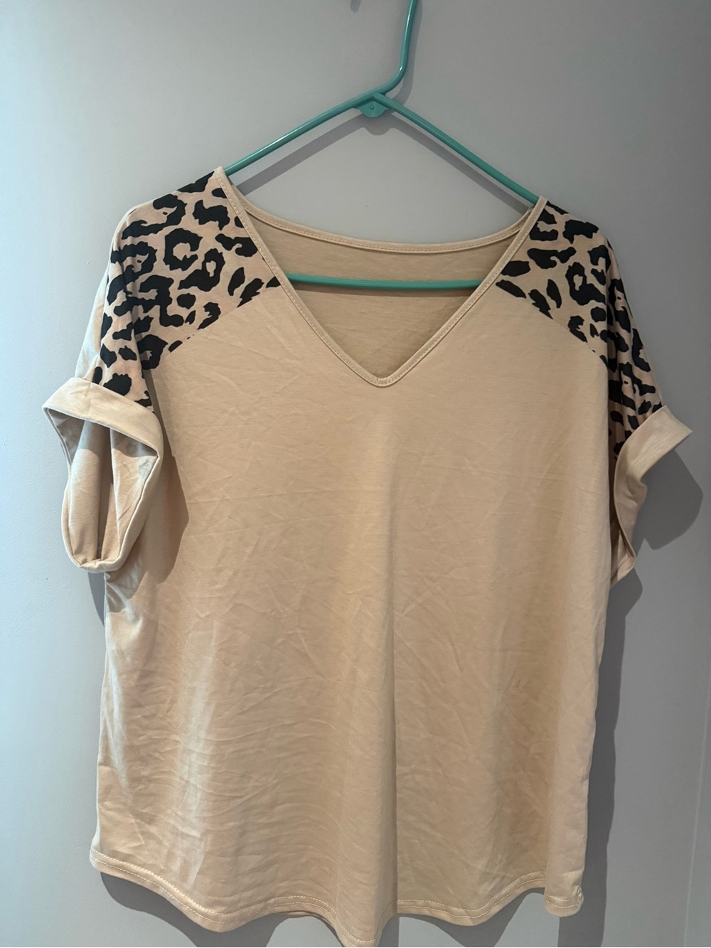 SHEIN Cream V-Neck Top with Leopard Shoulder Panels